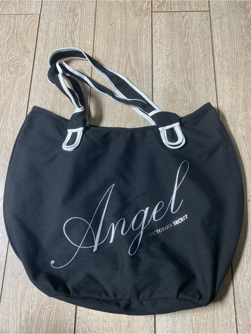 Victoria Secret Black Angel Logo Canvas Tote Shopper Bag XL travel Glitter Logo